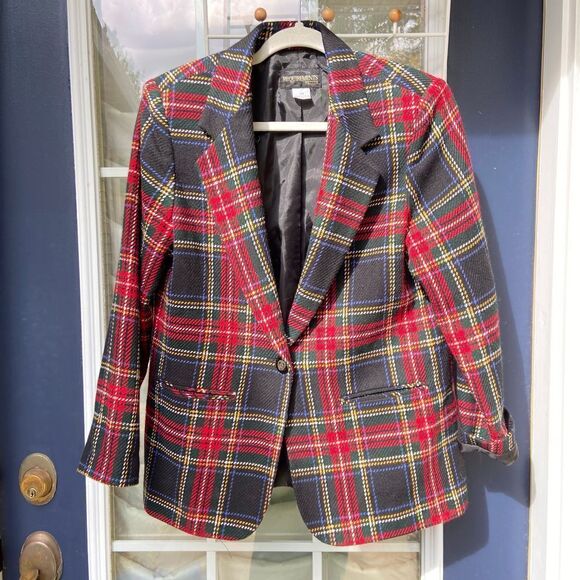 Vintage "Requirements Petites" Poly Wool Blend Plaid Blazer SZ M - Picture 2 of 8